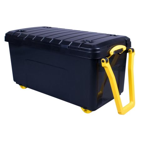 Really Useful Plastic Storage Large Wheeled trunk 160 Litre Solid Black (Yellow Handle)