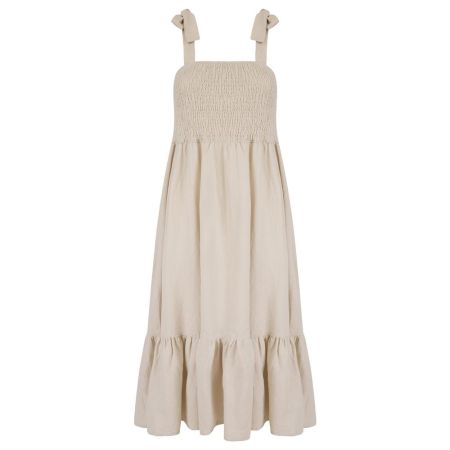 Ladies Mixed Linen Sheared Bust, Tie Shoulder Midi Sundress With Tiered Hemline