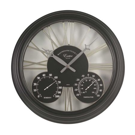 Exeter Wall Clock & Thermometer 15in - Black