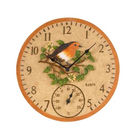 Robin Wall Clock & Thermometer 12in