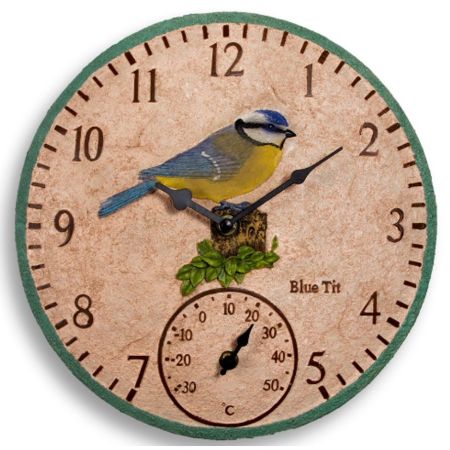 Blue Tit Wall Clock & Thermometer 12in