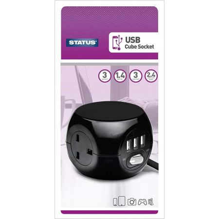 Status 3 Way Cube USB Socket Black 1.4m