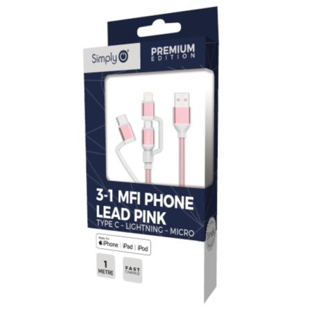 3-1 Mfi Braided Phone Lead 1M Pink