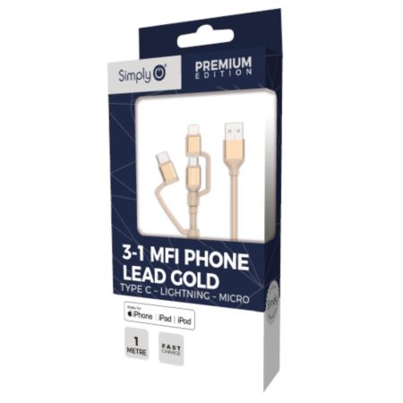 3-1 Mfi Braided Phone Lead 1M Gold