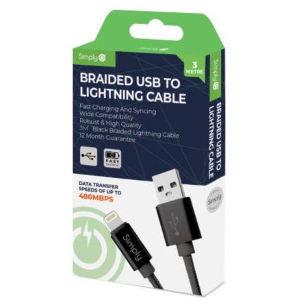 Usb - Iphone Braided Cable 3M Black