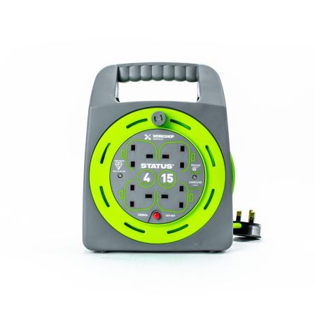 Status 15 Metre 4 Socket Handbag Cable Reel Green