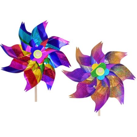 24cm Wood Shaft Rainbow Metallic Windmills