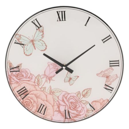 Hometime Glass Wall Clock 30cm Floral with Butterfly Design